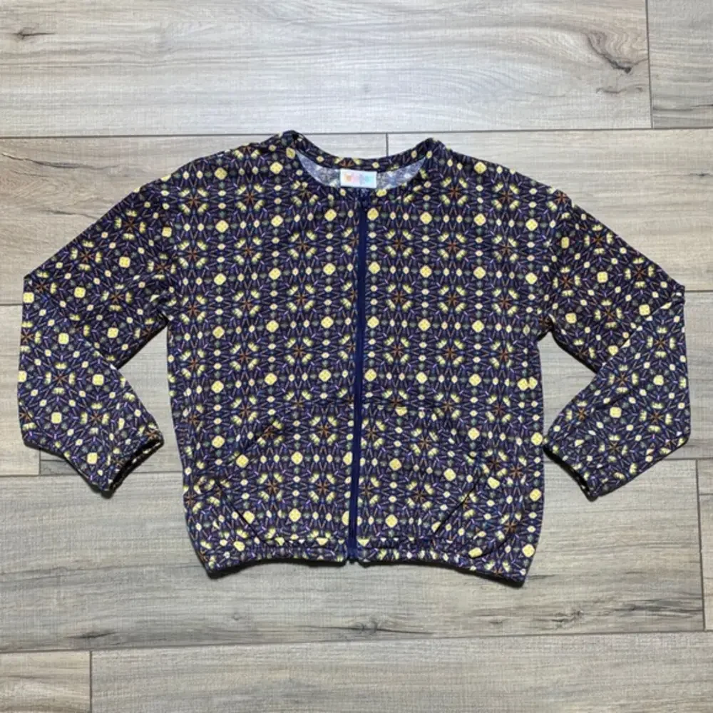LuLaRoe Girls Monroe Jacket Zip Up Pockets Elastic Waist Size 12 Purple Yellow